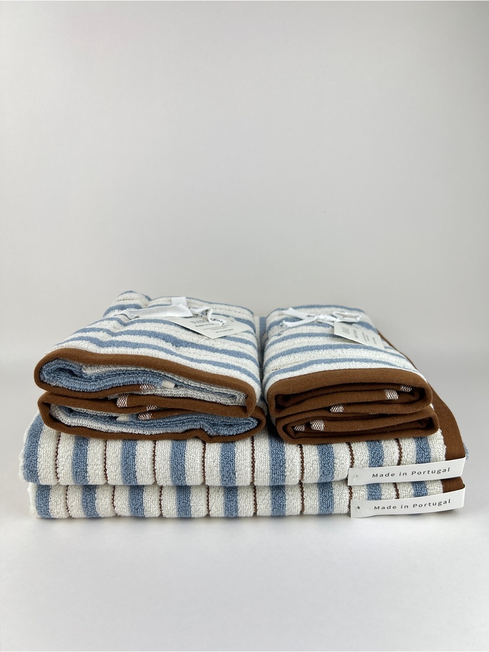 Bianca Bath Towel Set Blue Cream Brown Striped Soft Cotton Portugal 6 Pc NEW